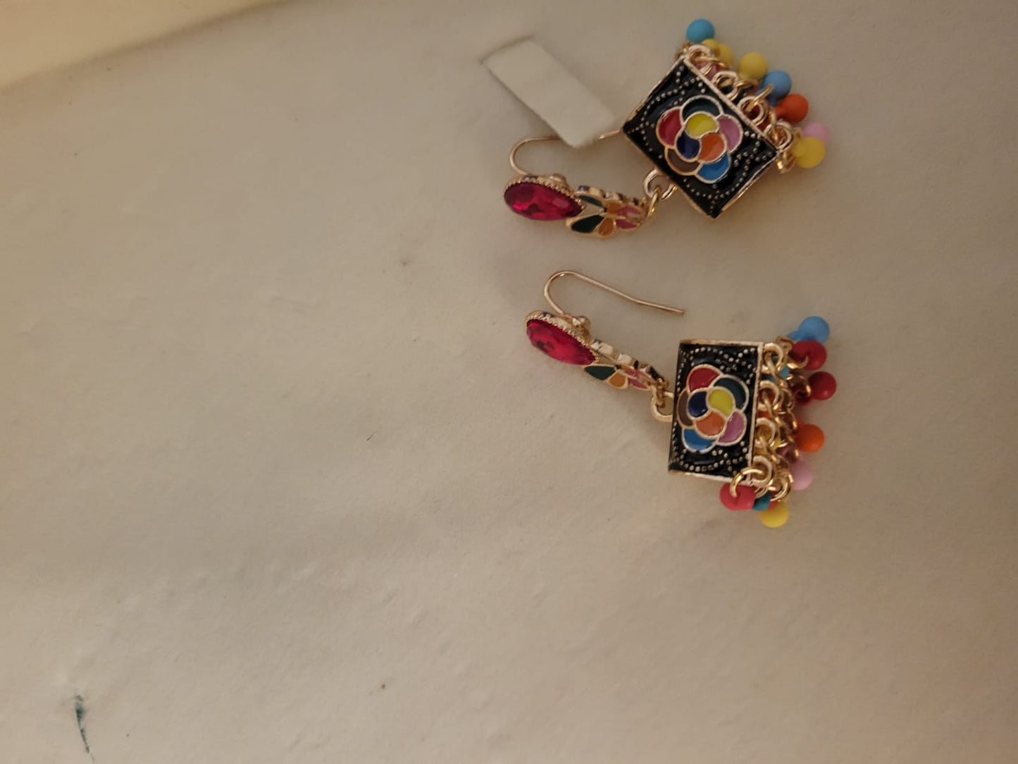 Imported Multicolor Enamel Butterfly Earrings with Beaded Dangles for Playful Traditional Charm