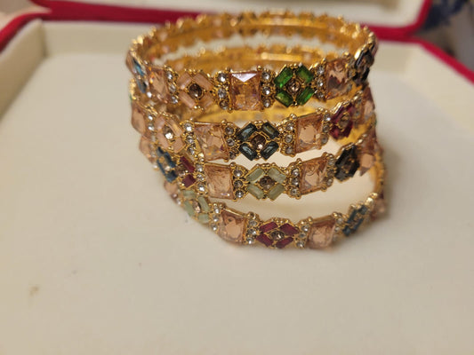 4 Imported Multicolor Crystal Gold Bangles for Women Stylish Partywear Pair