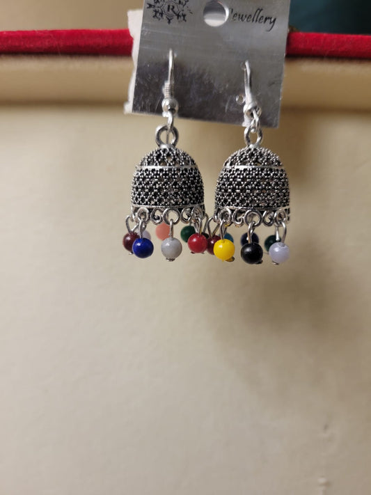 Imported Antique Silver Multicolor Beaded Jhumka Earrings for Traditional Festive Style