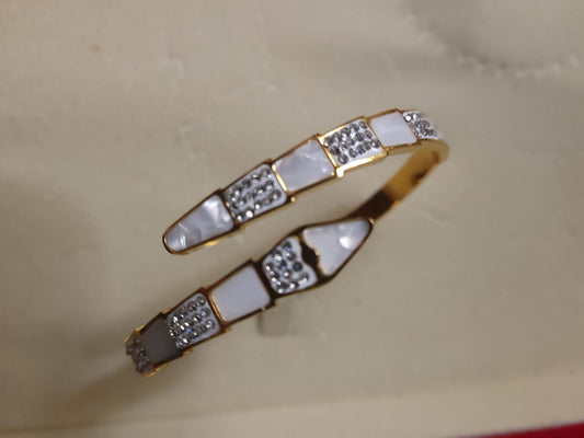 Gold Plated Snake-Shape Bracelet with White Pearl Enamel and Crystal Detailing