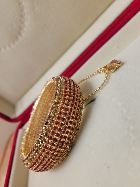 Imported Gold-Plated Ruby Stones Mesh Bridal Bracelet with Classic Grid Design and Sparkling Stones