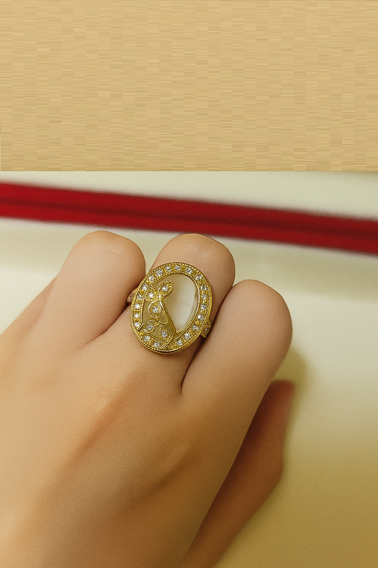 Imported Gold Plated Oval Ring with CZ Crystals and Leaf Design