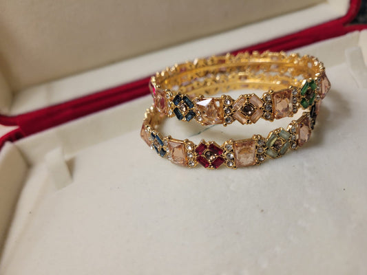 Imported Multicolor Crystal Gold Bangles for Women Stylish Partywear Pair