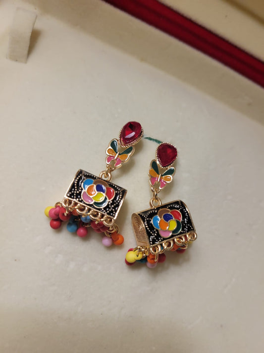 Imported Multicolor Enamel Butterfly Earrings with Beaded Dangles for Playful Traditional Charm