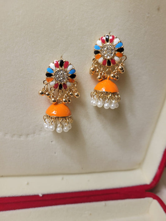 Imported Multicolor Enamel Jhumka Earrings with Pearl Drops for Women