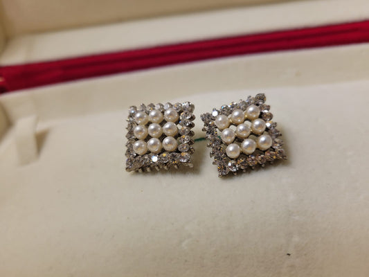 Imported Pearl Cluster Earrings with Diamond-Like Square Halo Design for Elegant Look