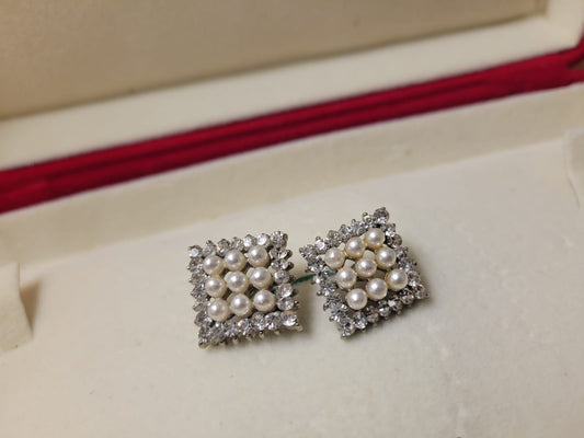 Imported Pearl Cluster Earrings with Diamond-Like Square Halo Design for Elegant Look