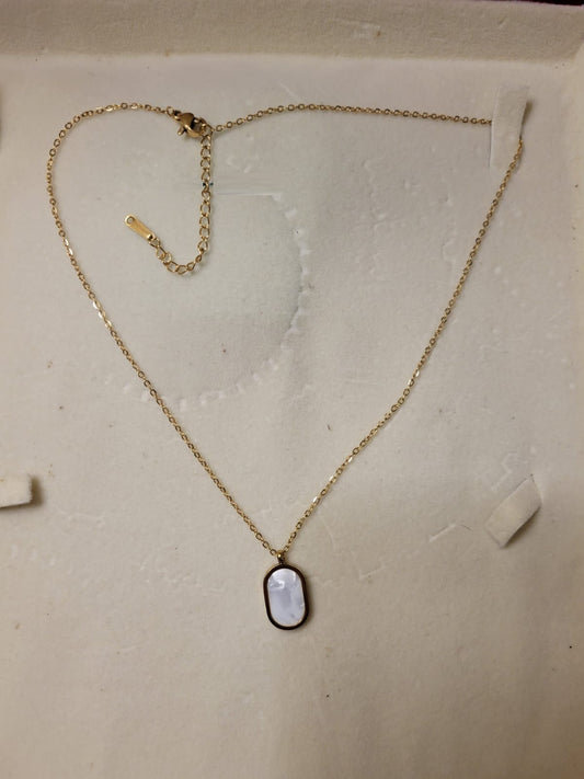 Gold Plated Chain Necklace with Oval White Pearl Pendant in Minimalist Frame